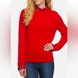 Crown & Ivy Red Crewneck Sweater w/ Plaid Ruffled Trim - Size Medium
